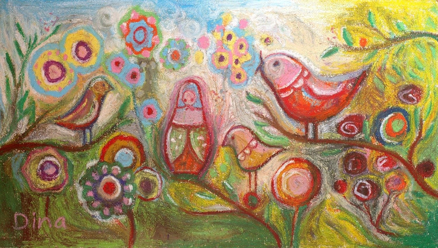 Folk art Print on canvas - Birds in the garden with a Matryoshka. Happy original oil pastels colors. Folklore. Flowers.