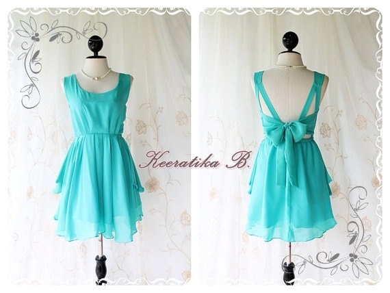 A Party V Shape Style - Cocktail Prom Party Dinner Wedding Night Dress Mint Blue Full Lined Deep Back Bow Tie Sexy Charming Looks
