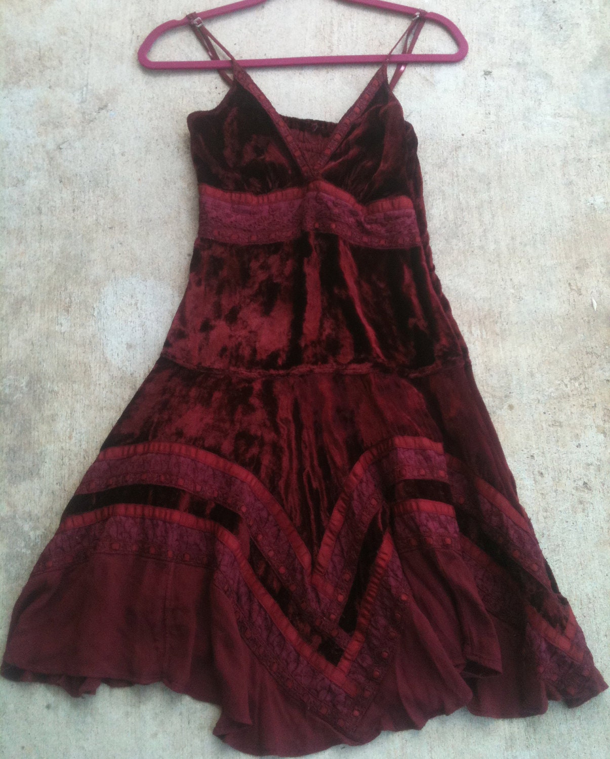 90's Grunge Handkerchief Dress Crushed Red Velvet Ethnic Print Size Small Medium