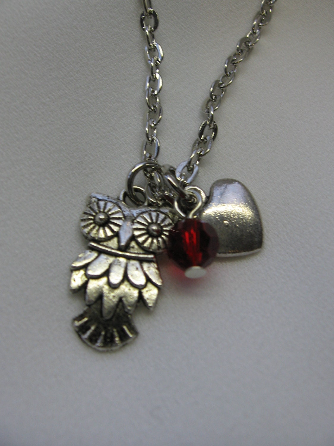 Heart Owl Charms - Silver Necklace - Red Glass Bead - Ready to Ship - Gift under 10 - N072