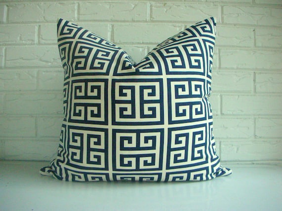 Navy Greek Key Decorative Pillow Cover -  Nautical Throw PIllow - Modern Classic - Hollywood Regency - Blue Ivory