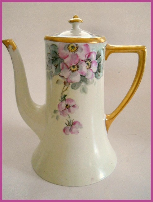 Limoges COFFEE POT Porcelain Hand Painted Wild Roses Antique - Free Sugar Bowl  c. 1900