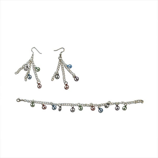 Metal and Chainlink Peace Sign Earring and Bracelet Set (large bracelet)