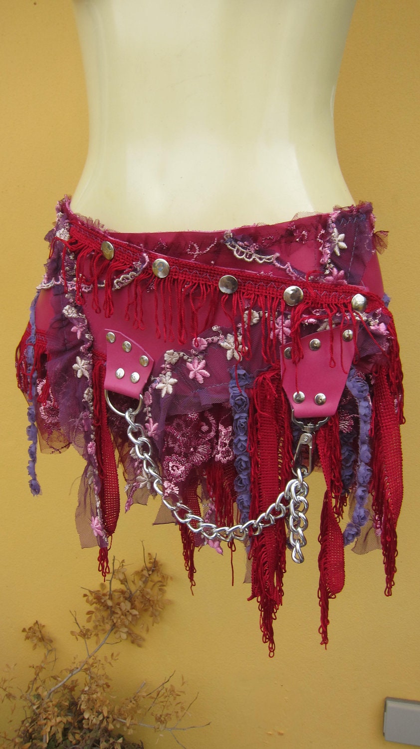 BURNING MAN inspired bohemian deep pink leather mini skirt belt/tutu with stud detail....