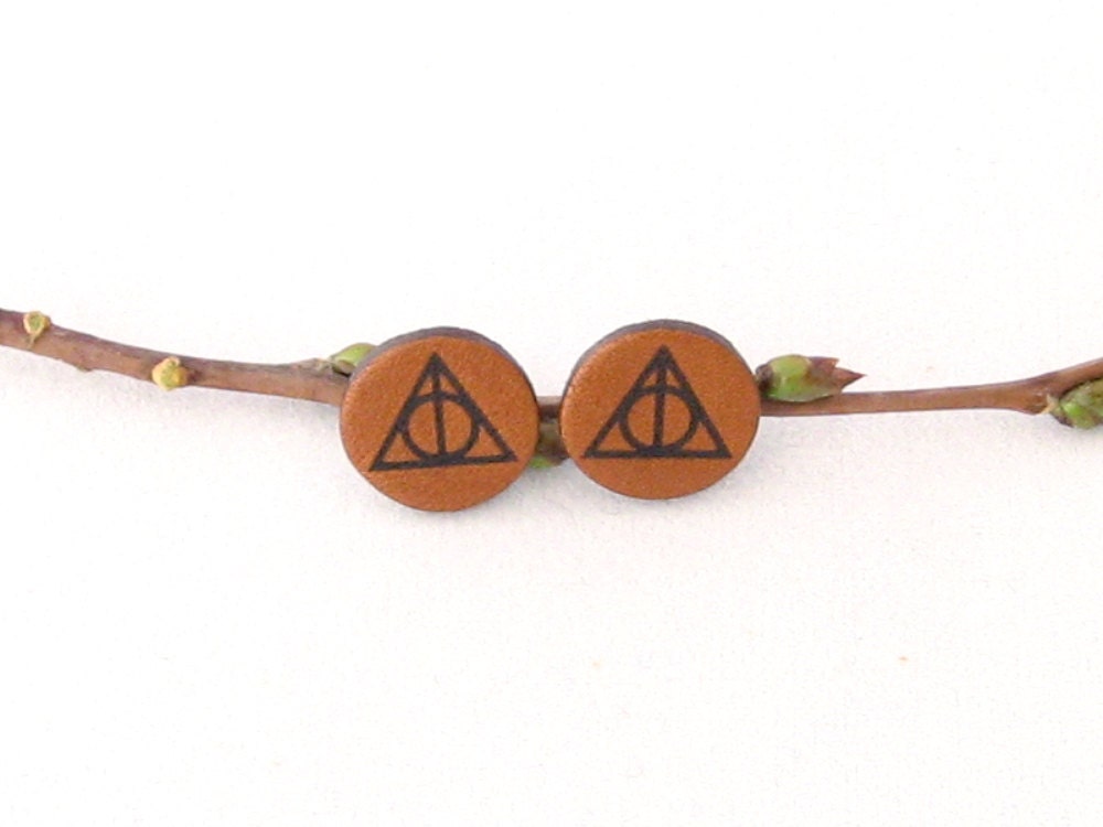 Tobacco Leather Deathly Hallows Stud Earrings - Harry Potter - Surgical Stainless Steel Posts