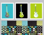 Lagoon Groovy Guitars Wall Art in light aqua blue, teal,  grey, lime green, black and white 3 pc set 11x14 by Yassisplace.etsy.com