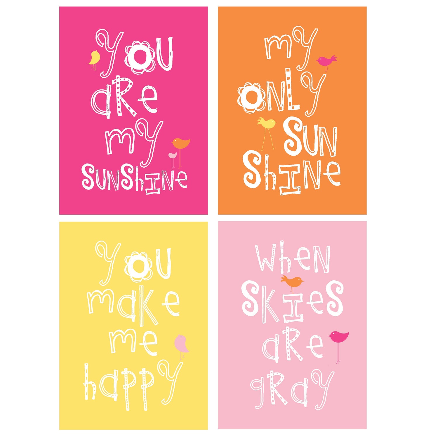 You Are My Sunshine 4 pc Art Print Set For Girls Bedroom or shared space 11x14 in  hot pink, orange, yellow  and sweet pink