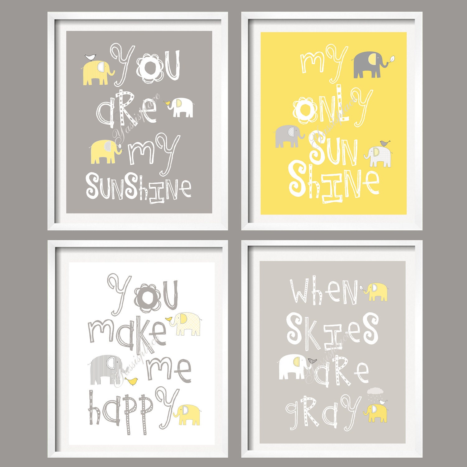 Yellow and Gray Nursery Decor Prints - You Are My Sunshine - Elephant and bird -  5x7 - baby shower gift, for boy or girl by YassisPlace