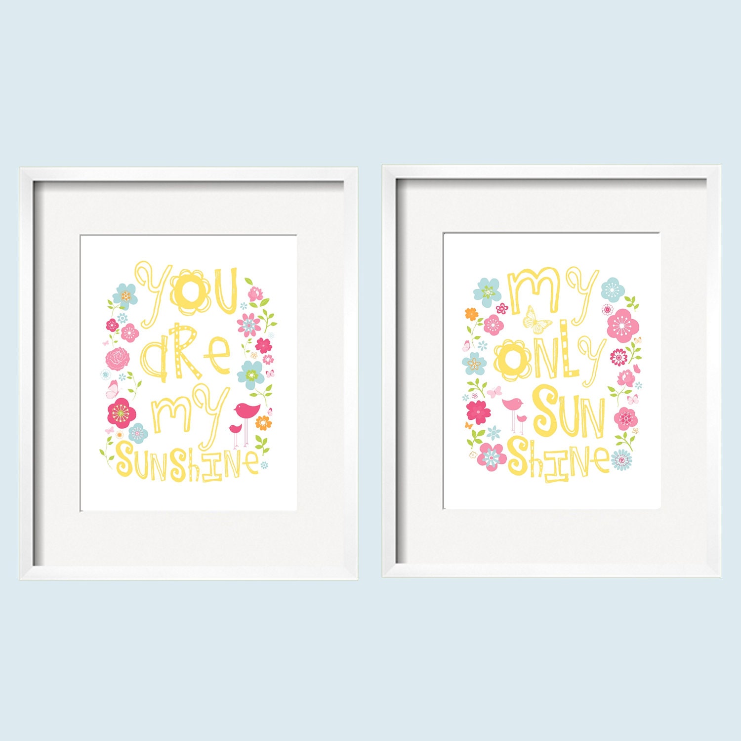 You Are My Sunshine Print Set - Flowers and birds in yellow, pink and blue matches Petite Paisley Bedding 11x14 by YassisPlace