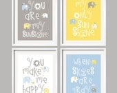 You Are My Sunshine, Blue, Yellow and Grey Nursery Art Prints, Elephant and bird, 8x10 - great baby shower gift