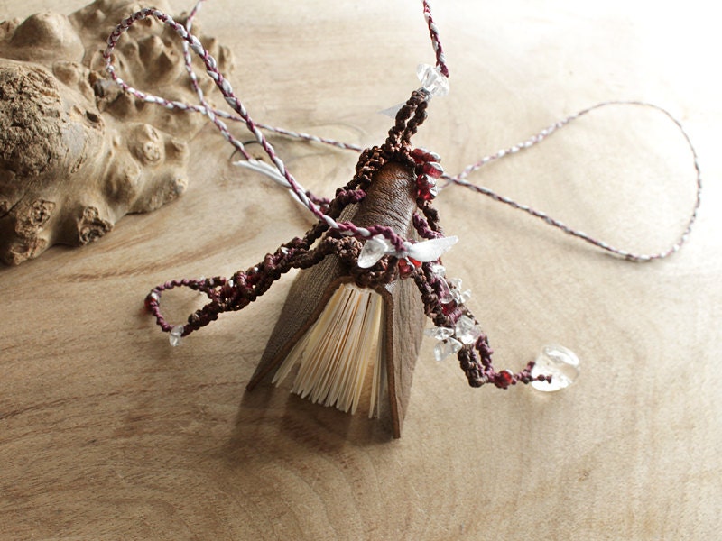 Leather book necklace "Wisdom Keeper", wearable book jewelry with deep red Garnet, clear Quartz beads and decorative macrame clasp