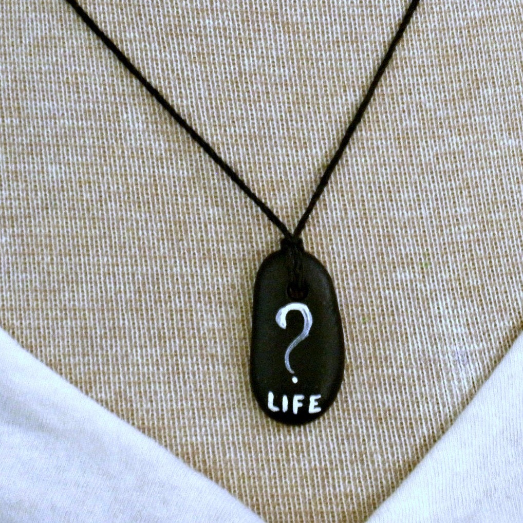 Natural Beach Stone - Geekery Organic Unisex Pendant - Black HandPainted Water Polished Pebble Necklace - Question Mark LIFE - adj hemp cord
