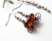 honey flower earrings - adorable, sweet wire wrapped copper earrings with honey beads