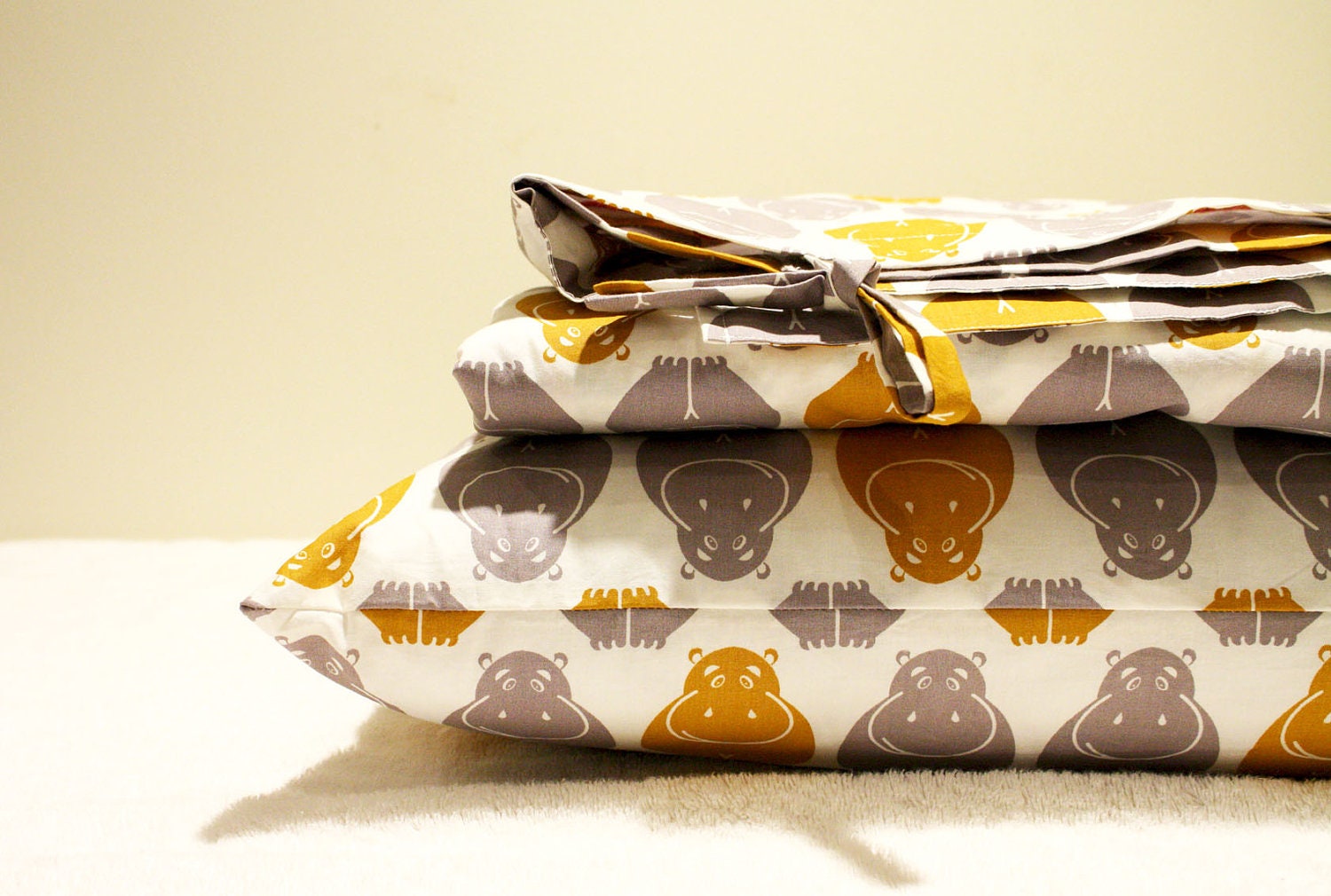 Organic duvet cover-modern baby bedding-Toddler boys bedding-Pillowcase and Duvet cover- Happy Hippos in Gray and Mustard