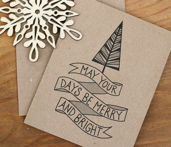 Merry and Bright Christmas Card Set of 10 - Hand Lettered Holiday Cards