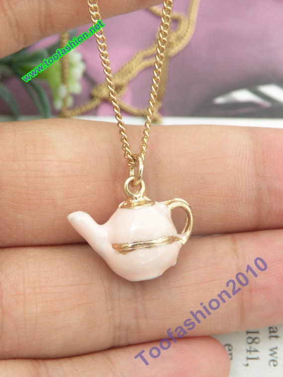 SALE Pretty retro gold 3D pink tea pot pendant necklace vintage style