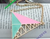 Pretty retro gold triangle shape with green and pink color necklace pendant jewelry punk style