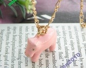 Pretty retro gold 3D pink hippopotamus pendant necklace vintage style