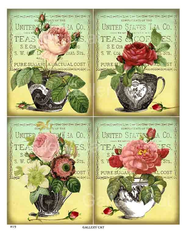 Antique Tea Cups and Roses Digital Collage Sheet Instant Download for Cards Journal Tags Original Whimsical Altered Art by GalleryCat CS19