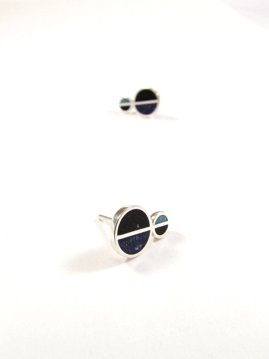 Sterling Silver Earrings - Cold Colors  - Divided Circles - Geometric Ear Studs