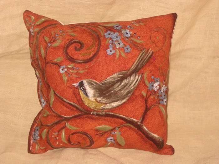 Shabby Chic Fun Throw Pillow with Bird Motif French Market Design Floral Handmade Pillow Vintage Orange