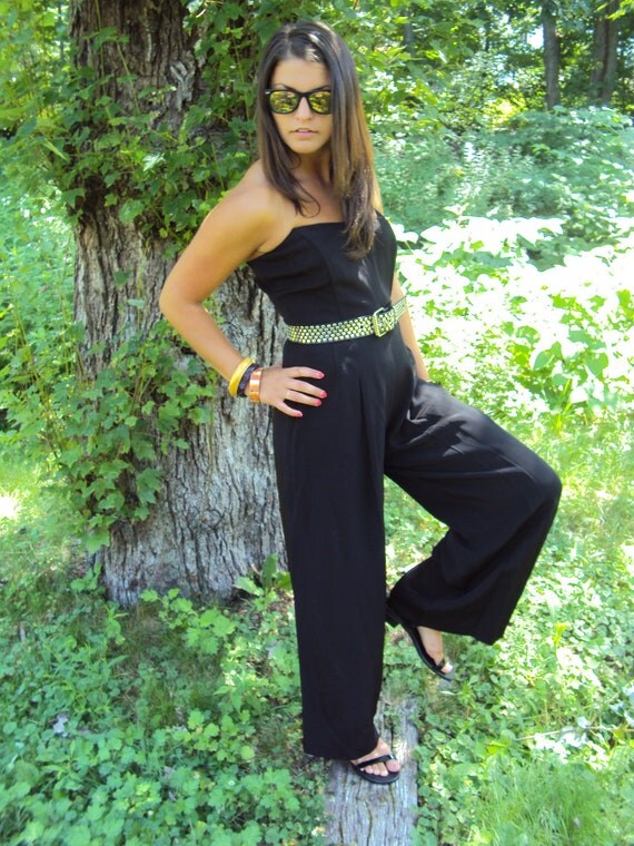 RESERVED for Janelle - vintage 80s Black Jumpsuit S, M - Strapless Jumpsuit Dress - Designer