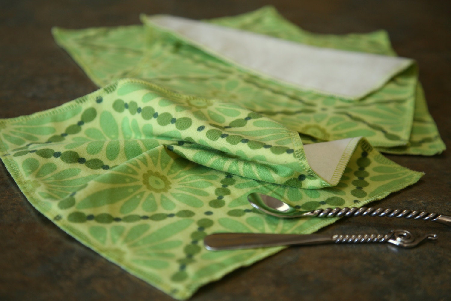 4 Flannel Lunch Napkins - Pure Cotton 2-Layer Eco Cloth, Green