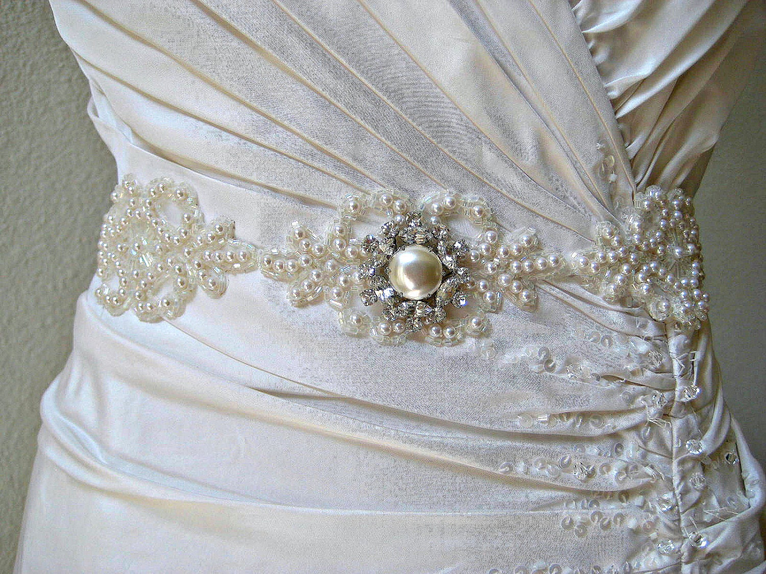 Bridal beaded ivory pearl art deco sash with vintage jewel.  VINTAGE PEARL