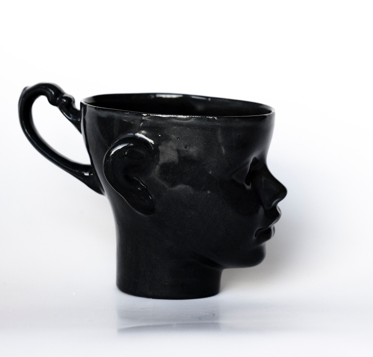 Porcelain doll head cup in black - whimsical black ceramic artisan mug, for coffee or tea