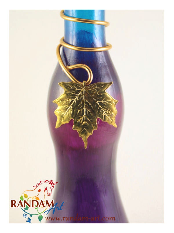 Painted Glass Bottle Reed Diffuser or Oil Lamp Candle Purples to Blues with Gold Maple Leaf