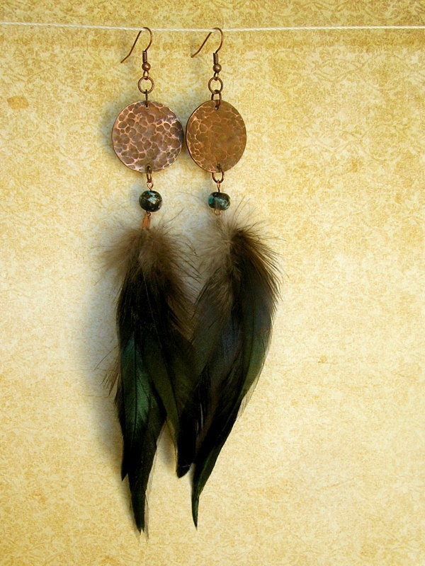 Textured Copper & Feather Earrings