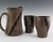 Pitcher and Two Tumblers Brown and Black Handmade Pottery