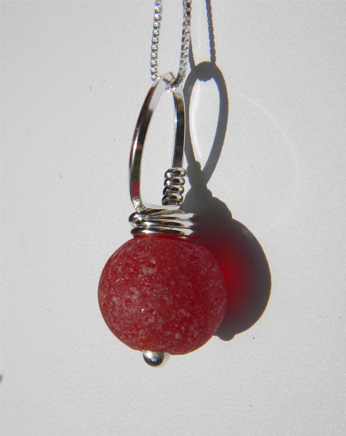 Sea Glass Red Marble Necklace (930) -Vintage Red Marble in Argentium Silver (930)