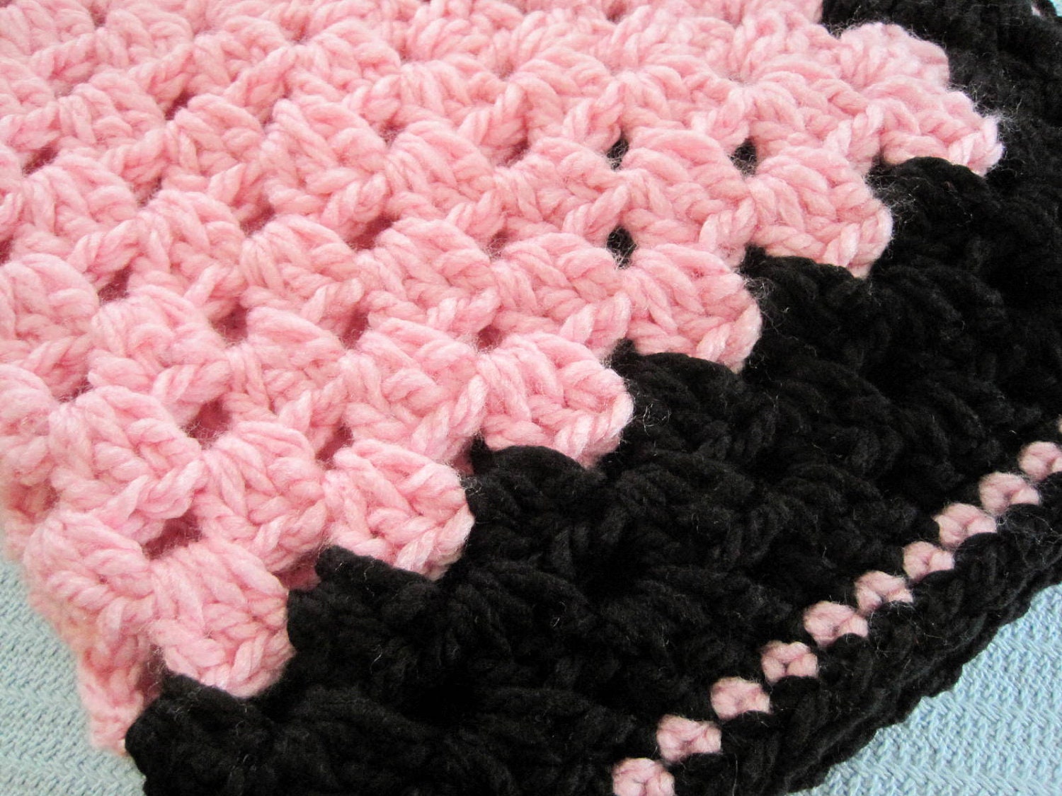 Chunky crochet granny square blanket pink black baby girl afghan crib stroller