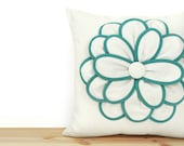 16x16 Decorative pillow cover, Flower pillow, Romantic, Shabby chic, Nursery decor - White & seafoam flower applique pillow cover