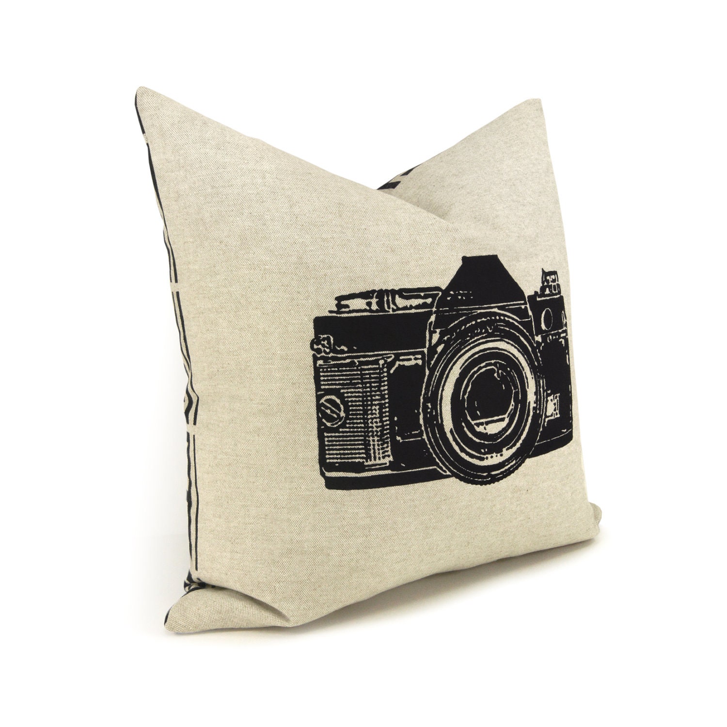Camera pillow, Decorative throw pillow, Black and natural, Geekery - Black vintage camera pillow cover in 16x16