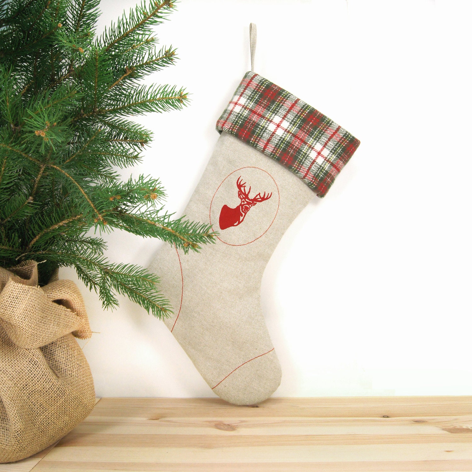 Christmas Stocking, Woodland, Rustic christmas stocking - Red deer print on natural canvas with red, green and white plaid cuff - ClassicByNature