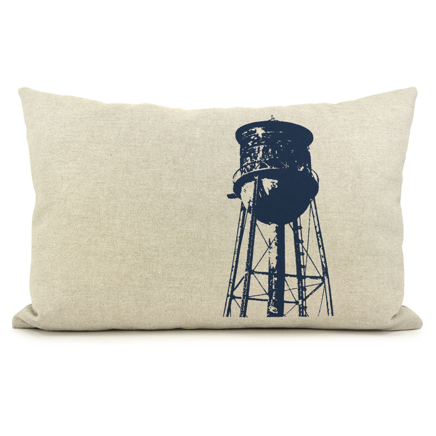 Industrial home, Decorative pillow cover, Modern, Masculine - Navy blue water tower print on natural beige canvas pillow cover in 12x18 size