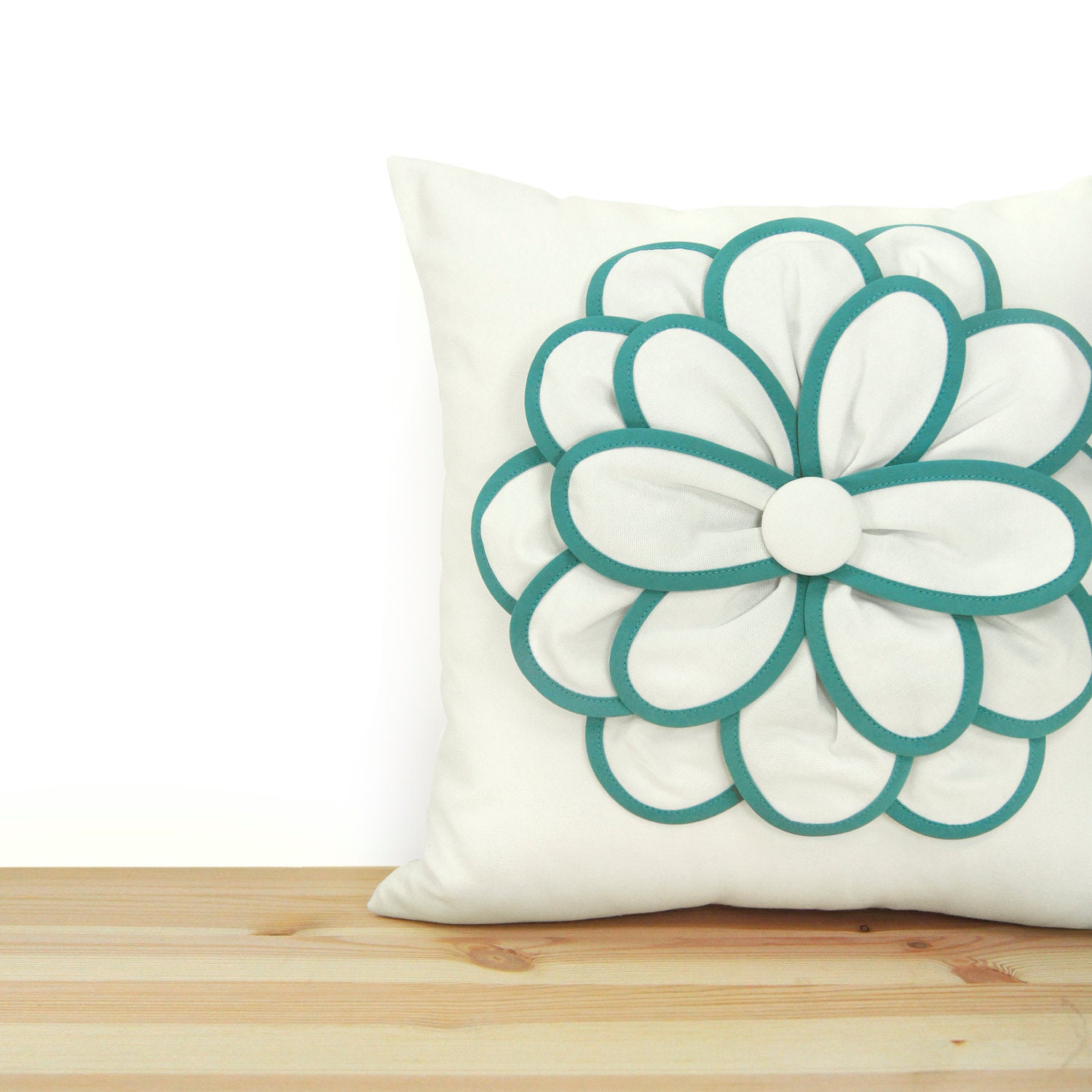 16x16 Decorative pillow cover, Flower pillow, Romantic, Shabby chic, Nursery decor - White & seafoam flower applique pillow cover