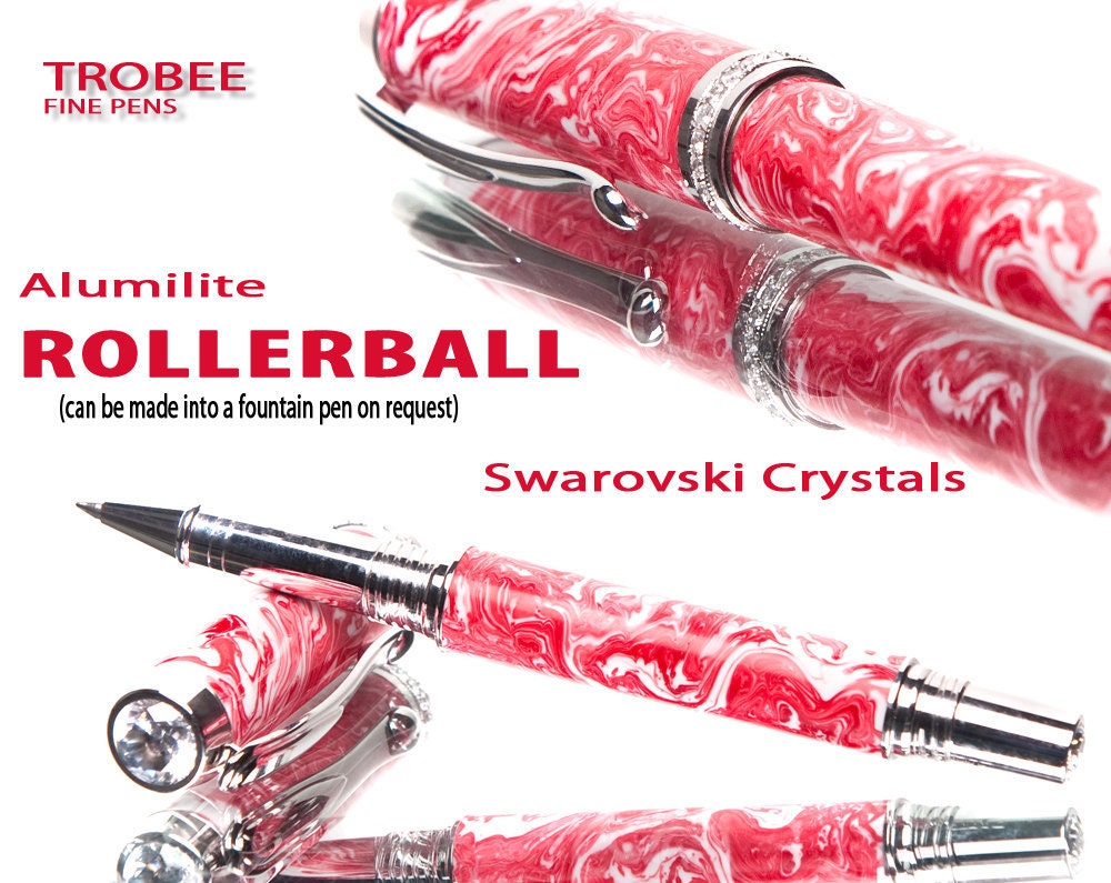 Rollerball Pen Red White Swarovski crystals, highest quality writing pens
