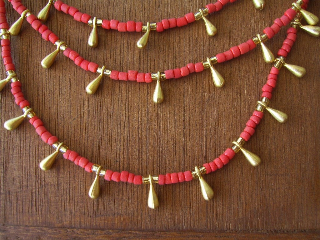 Coral gemstones three strand necklace