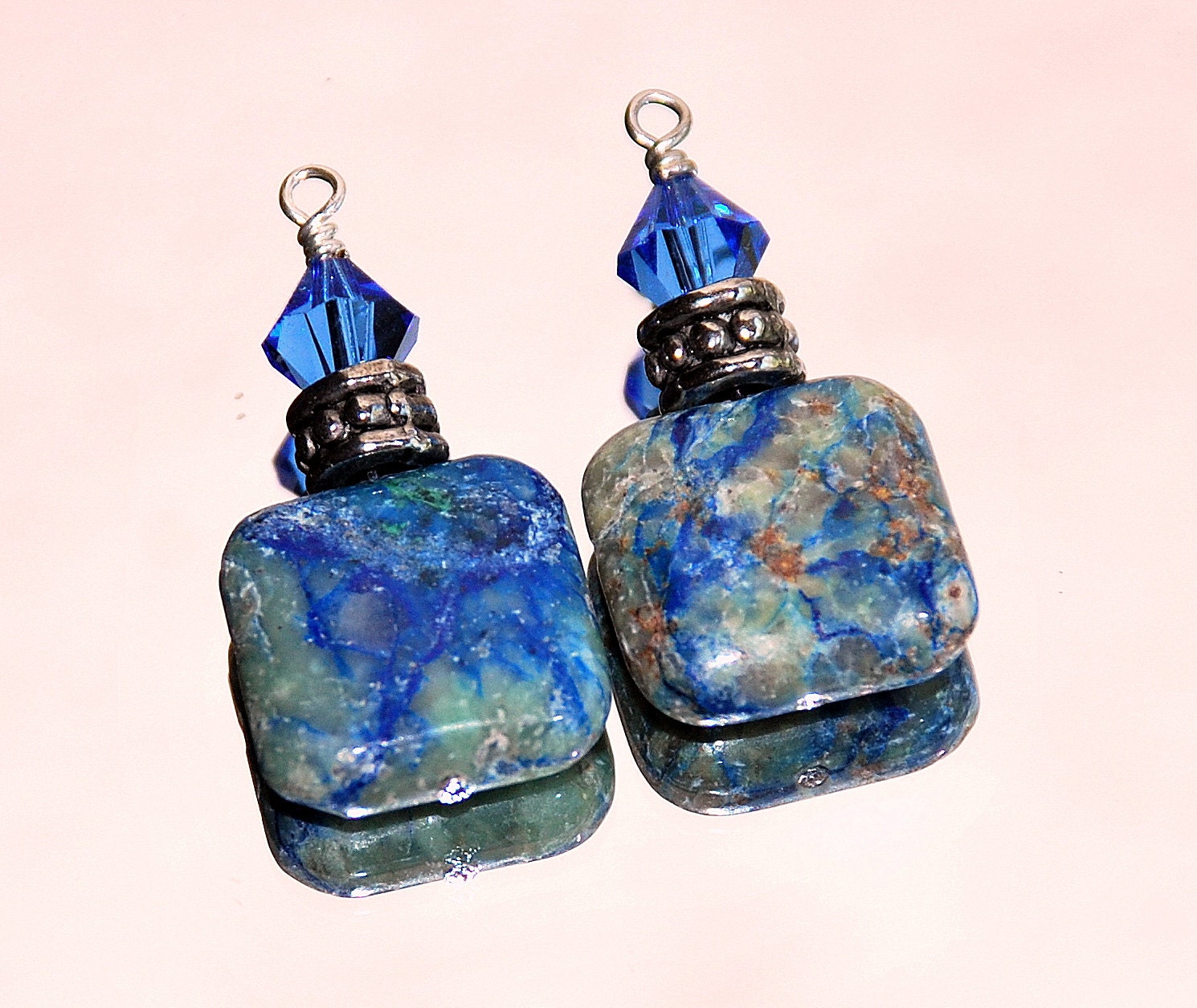 2 Blue Stone Possibilities-Handmade Bead Dangles 14x5mm Blue Green Square Gemstones