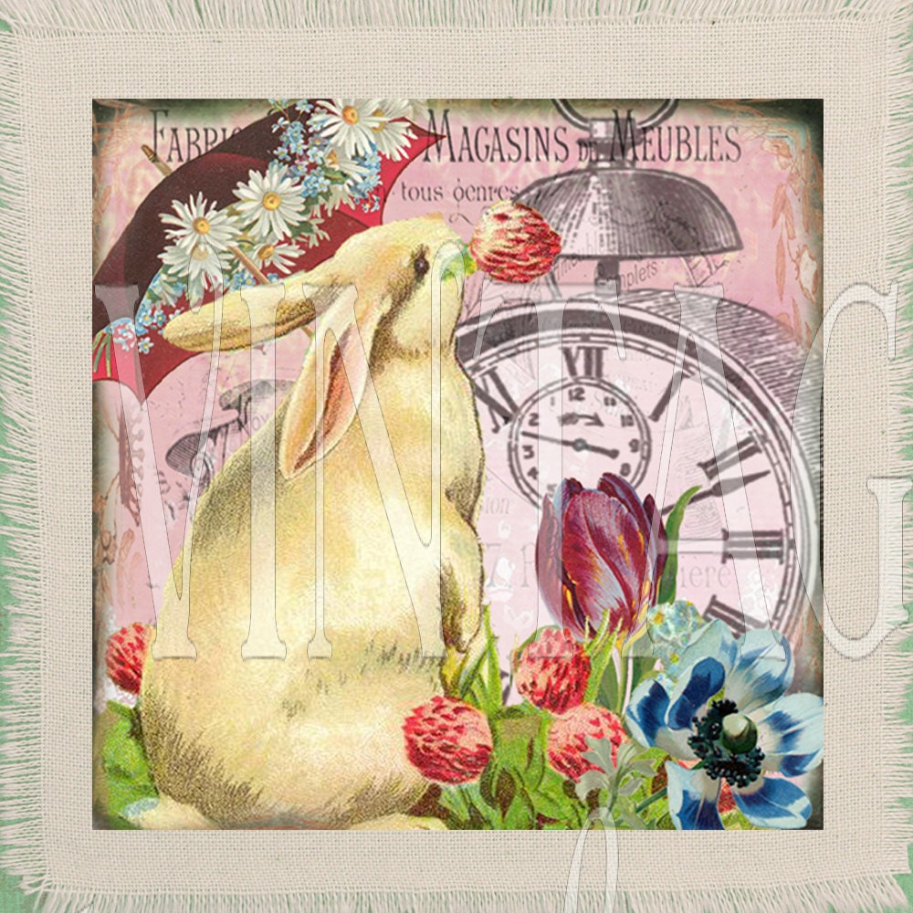 Quilting Square Vintage Rabbit Hand Printed Quilting Fabric for Patchwork. Cotton Fabric Square Quilt Block 6x6 inches. Design no:10