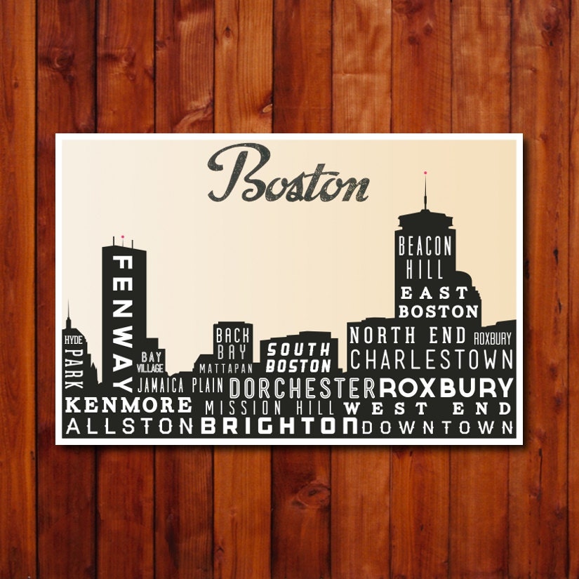 Boston Skyline Print, Typography Poster, Retro Wall Art,  Modern Home Decor - 12x18 - GoingUnderground