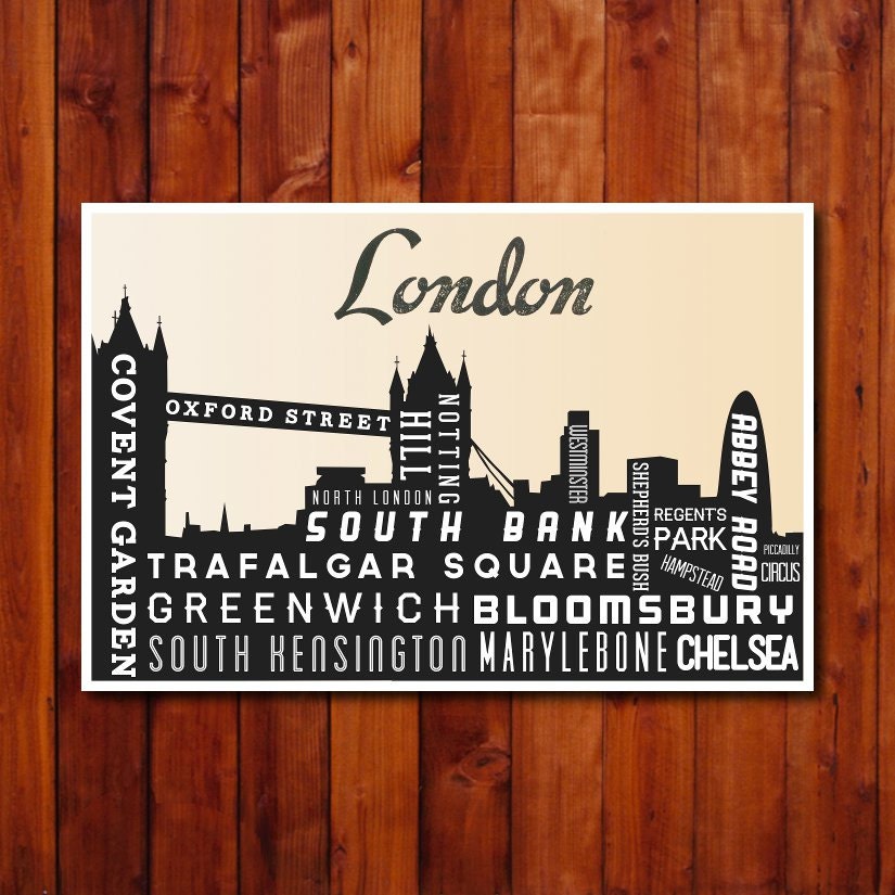London Skyline Poster, Typography Art Print, Retro, City Art Print, Minimalist Style, Wall Art, 12x18