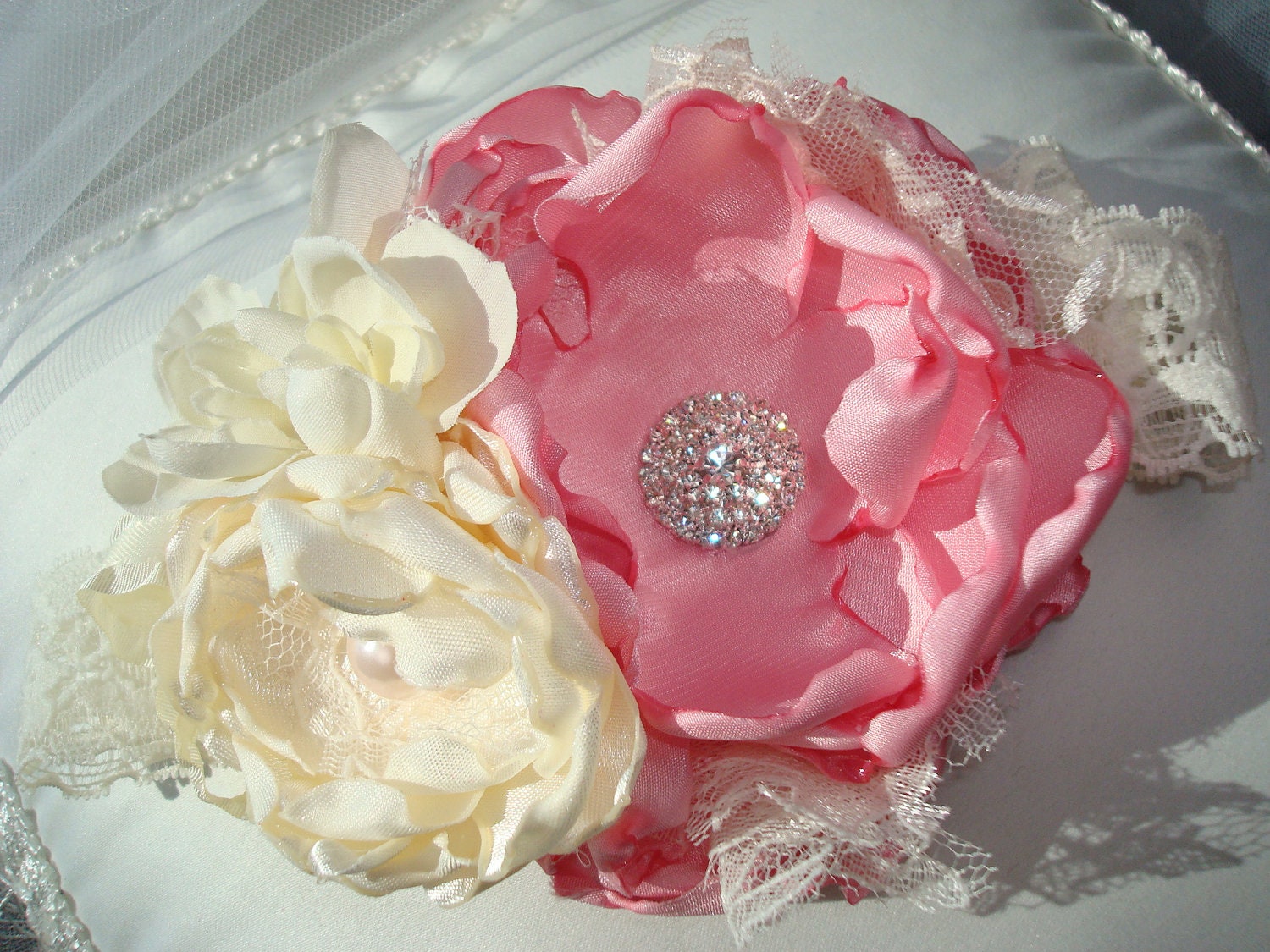 Bubblegum Pink and Cream Baby Flower Headband, Children, Infant Headband, Couture Headbands, Photo Prop / Bubblegum Pink with Cream Headband