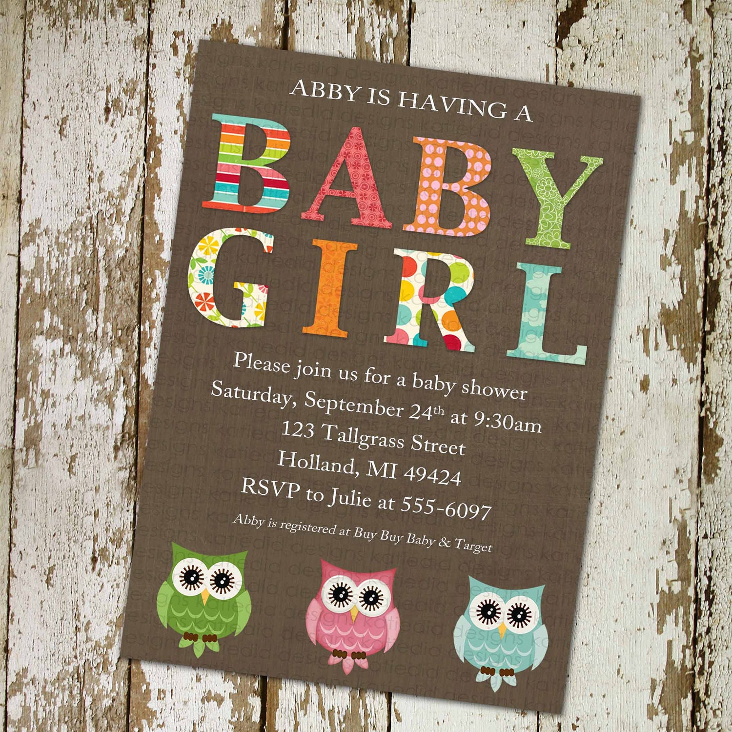 owls baby shower invitations for a baby girl, patterned BABY GIRL, digital, printable file (item 1315)