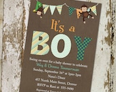 monkey baby shower invitations with banner, digital, printable file (item 126b)