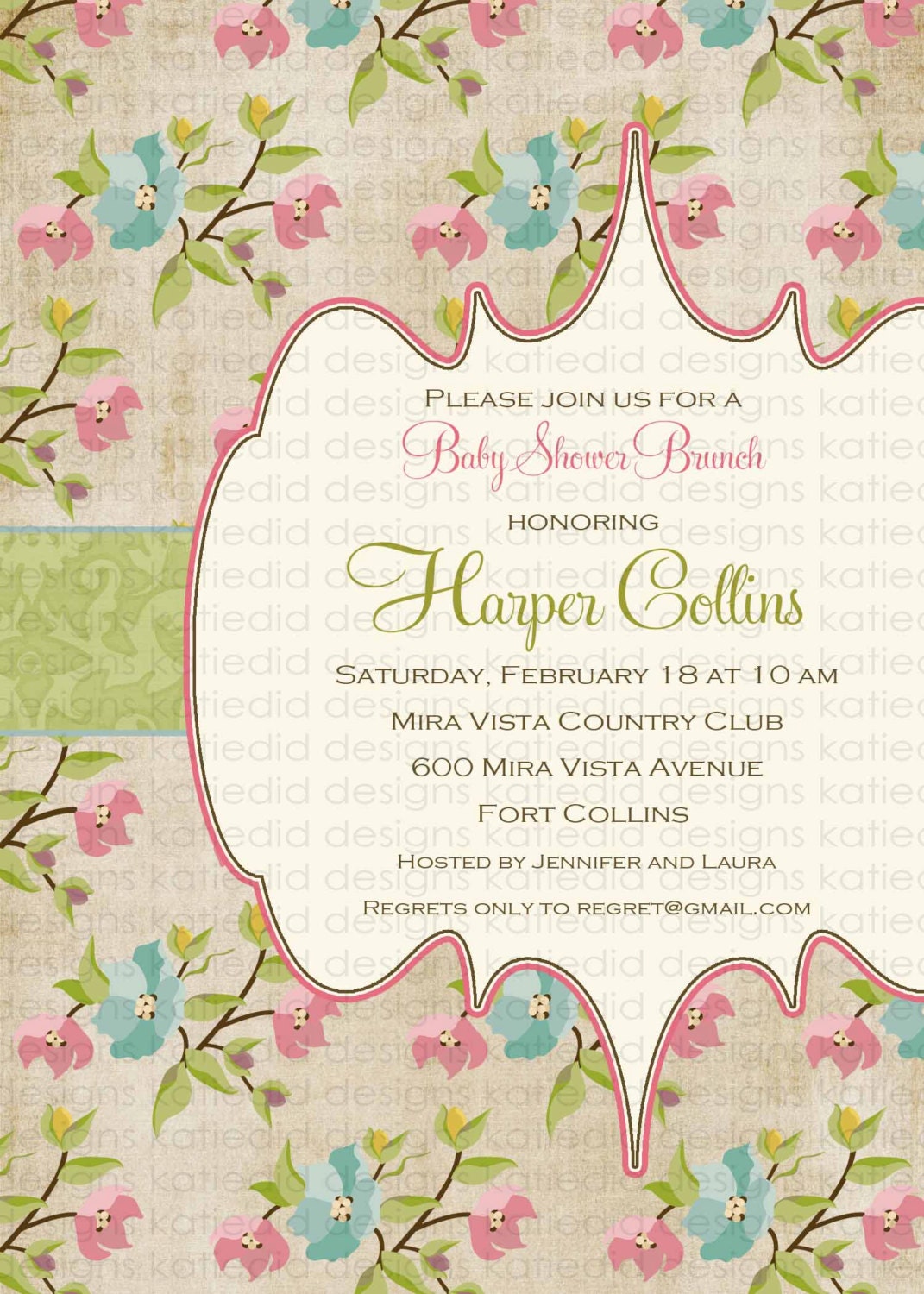 baby girl shower invitations, floral pattern, digital printable file (item 1340)