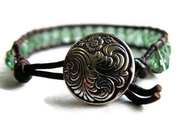 Boho Soft Sage Green Leather Wrap Bracelet  with Swirling Waves Button/ Free Shipping/ Boho Woodland Modern Chic